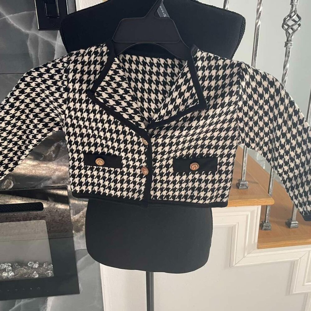 Girls Long Sleeve Lapel Collar Houndstooth Tweed Jacket